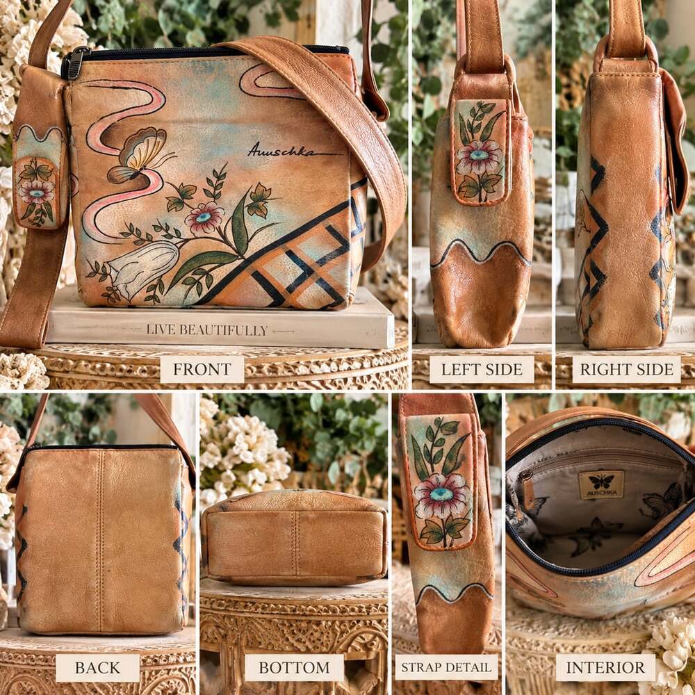 Anuschka Handpainted Leather Crossbody Bag Butterfly Floral